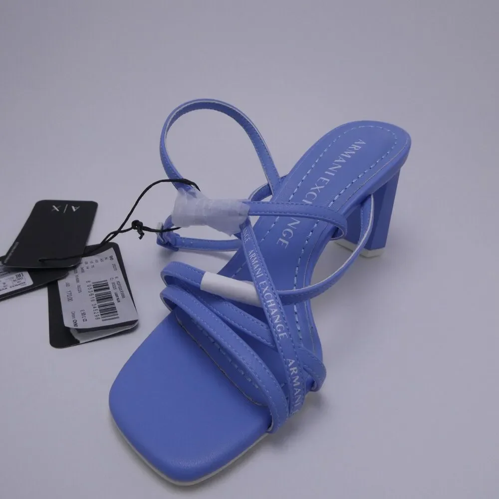 Armani Exchange Women's 6 Light Blue Leather Strappy Sandals Buckle Heel Square